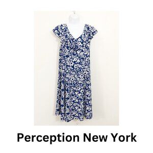 Perceptions NY Dress Women Large L Blue White Floral Flutter Cap Sleeves Gauzy